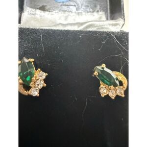 Women's Gold-Tone Green Faux Emerald Clear Rhinestones Pierced Stud Earrings NWT